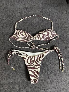 Monday Swimwear Zebra Print Twist Halter Bikini Set Cheeky Tie Side size P/S